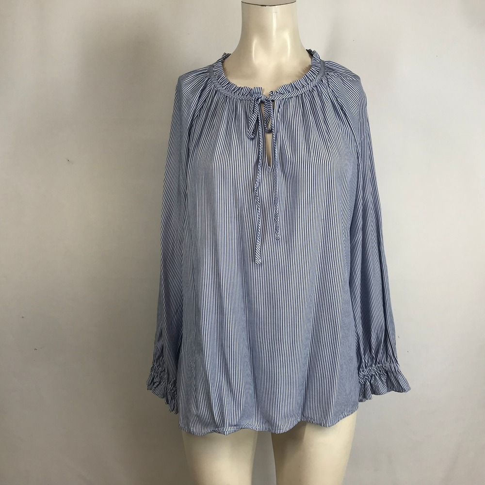 LOFT Striped Tie Neck Blouse Women's Long Sleeve Ruffle Cuff Peplum Top L